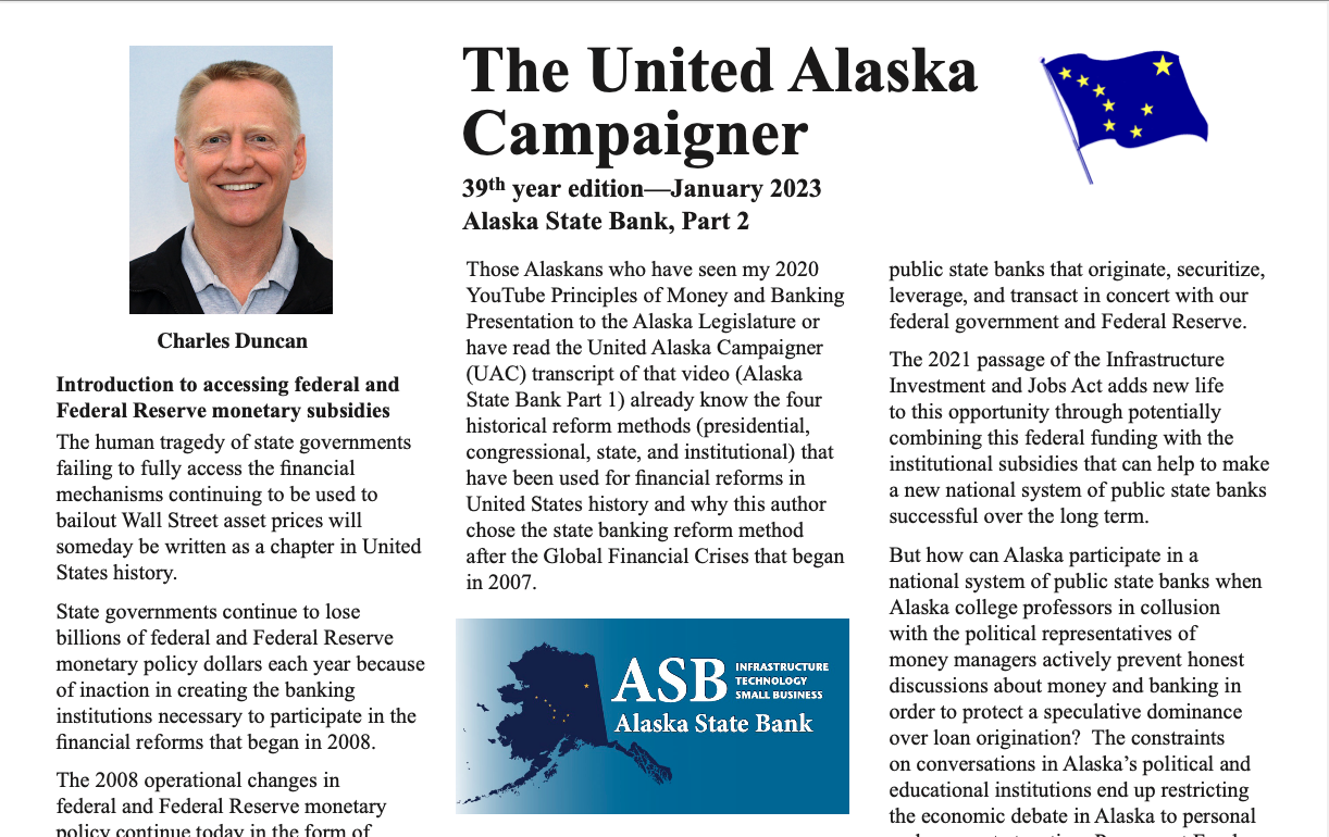 The United Alaska Campaigner, 39th year edition—January 2023 Alaska State Bank, Part 2, Introduction to accessing federal and Federal Reserve monetary subsidies