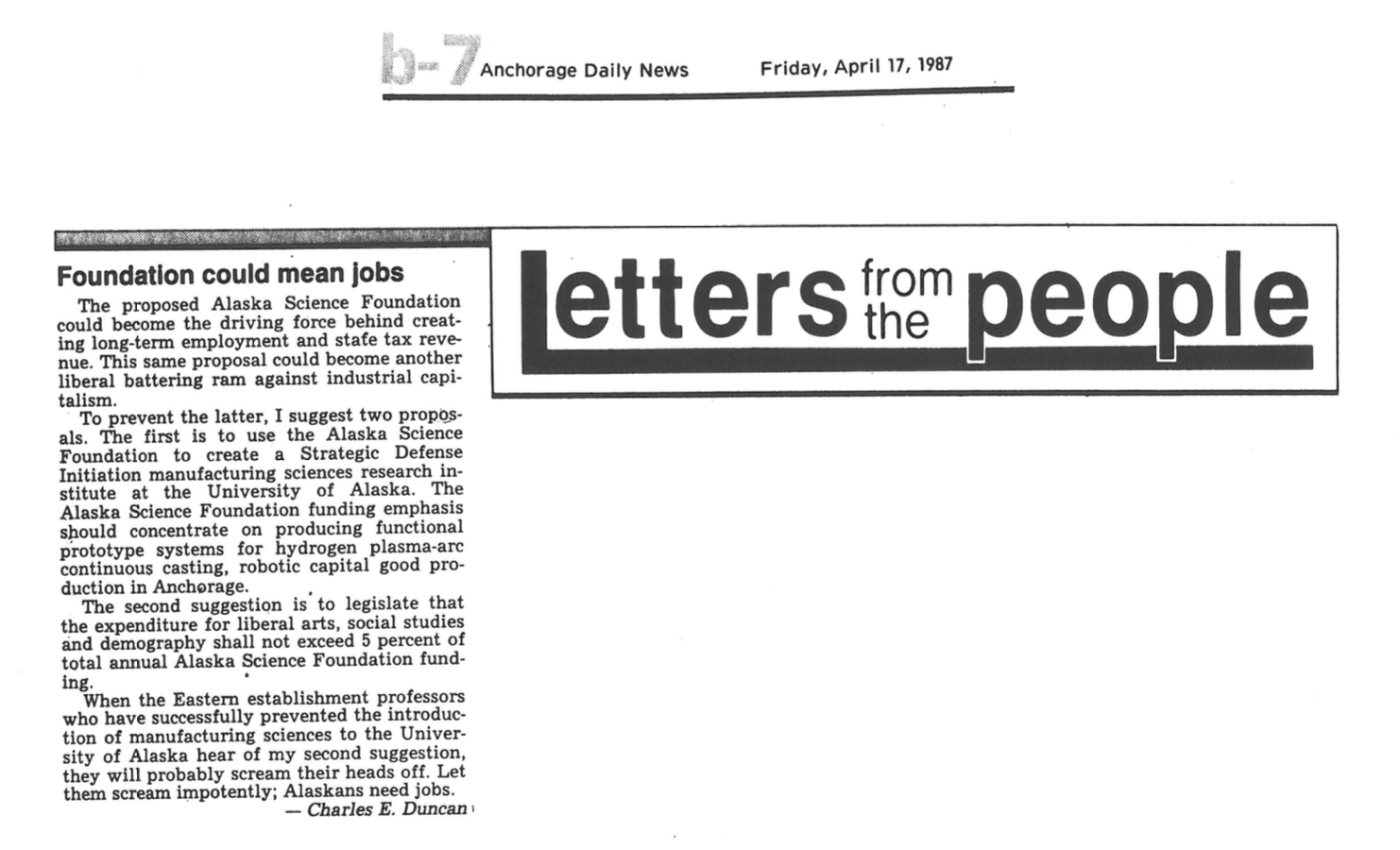 Letter to the editor, Anchorage Daily News