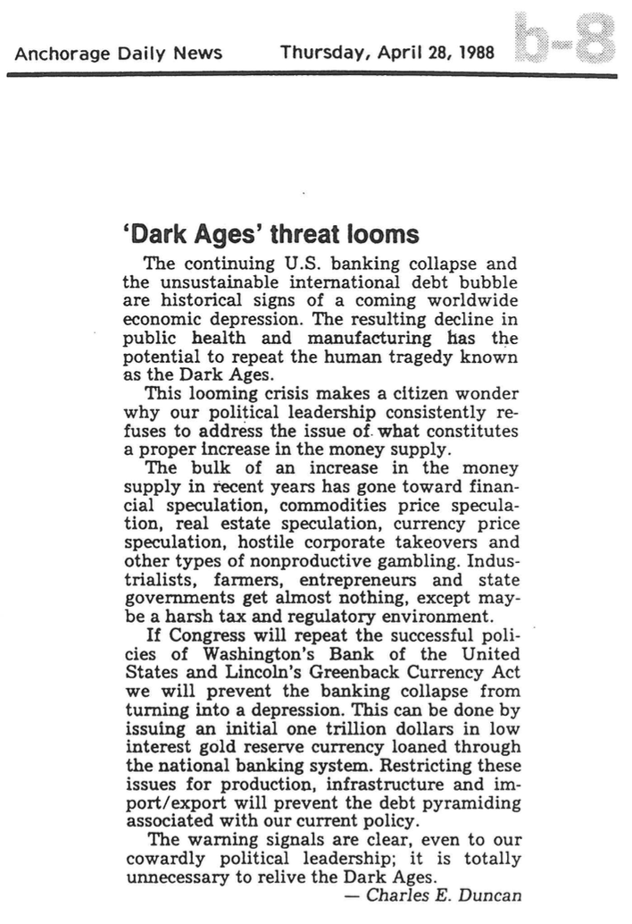 Letter to the editor, Anchorage Daily News