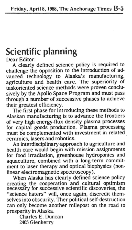 Letter to the editor, Anchorage Times