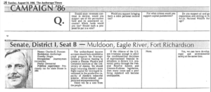 Read more about the article CAMPAIGN 1986 Senate, District I, Seat B—Muldoon, Eagle River, Fort Richardson