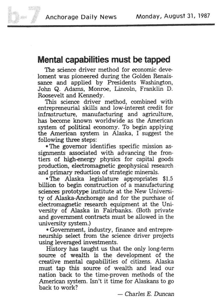 Letter to the editor, Anchorage Daily News