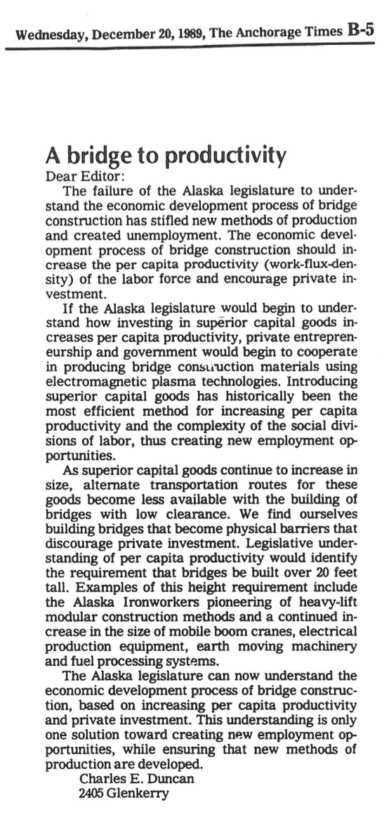 Letter to the editor, Anchorage Times