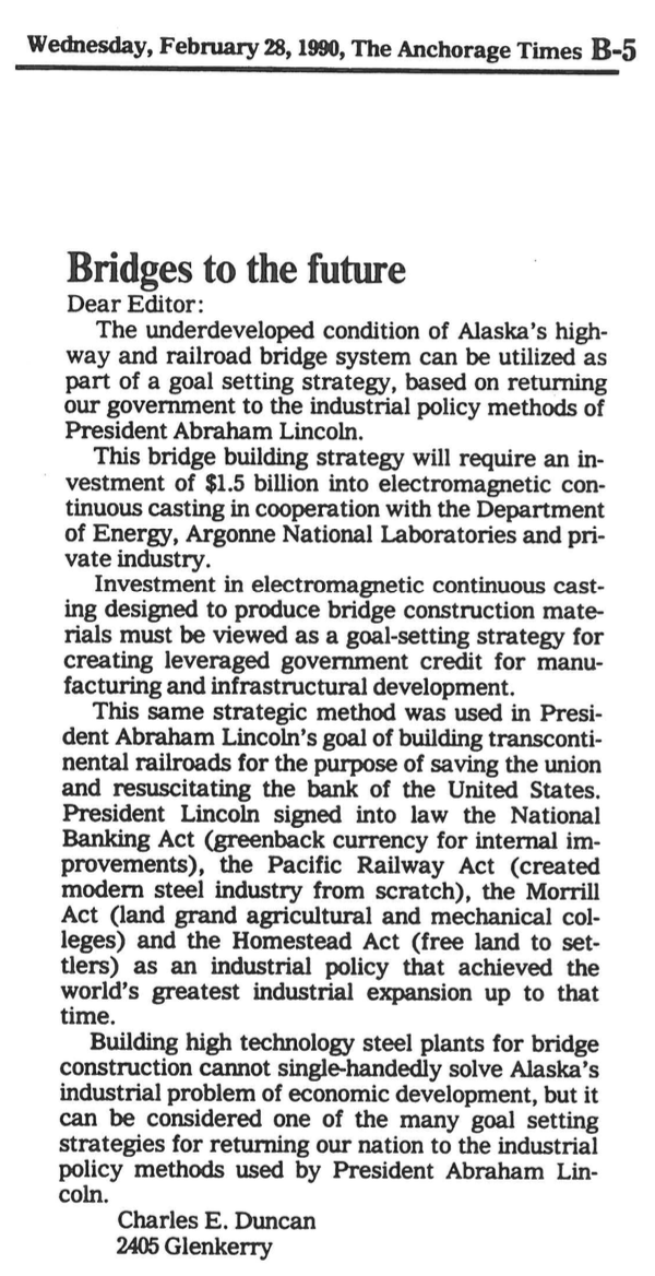 Letter to the editor, Anchorage Times