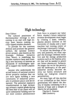 Read more about the article Letter to the editor, Anchorage Times, Saturday February 9, 1985