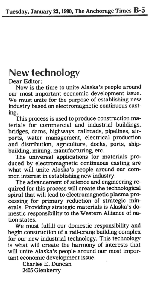 Letter to the editor, Anchorage Times