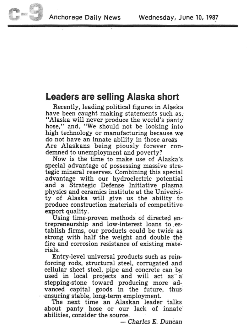 Letter to the editor, Anchorage Daily News