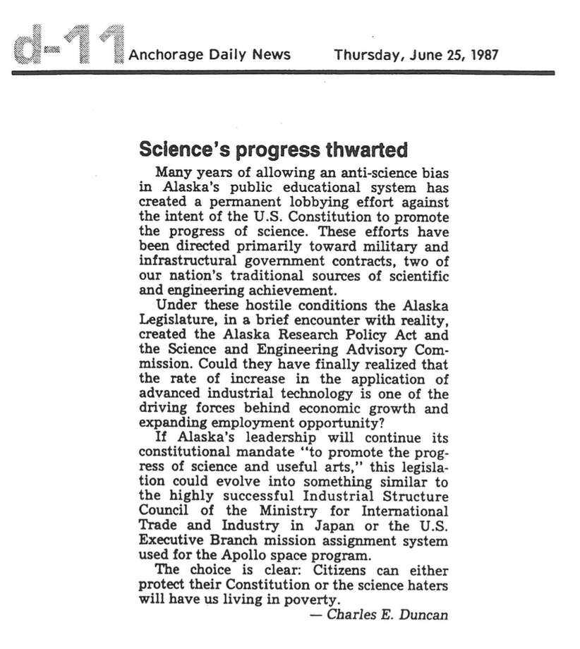 Letter to the editor, Anchorage Daily News