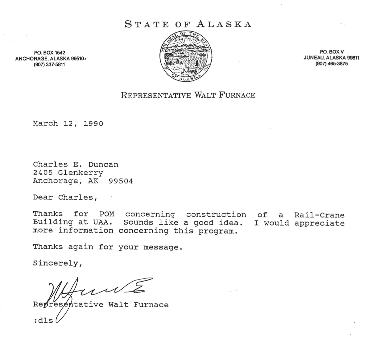 State of Alaska Representative thank you for advocating a research center at UAA.