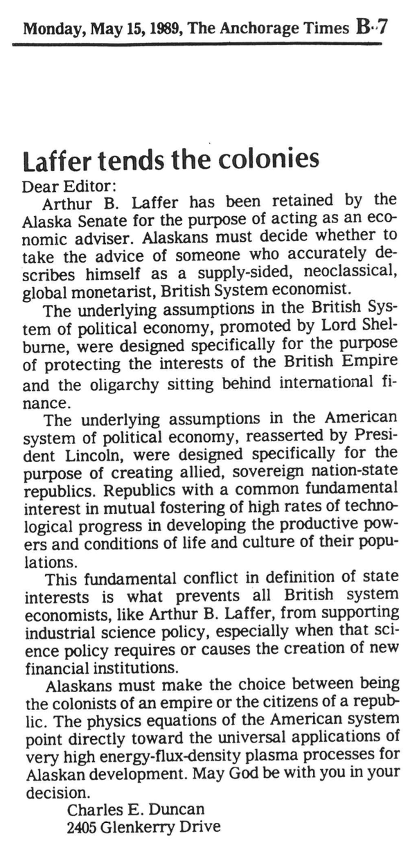 Letter to the editor, Anchorage Times