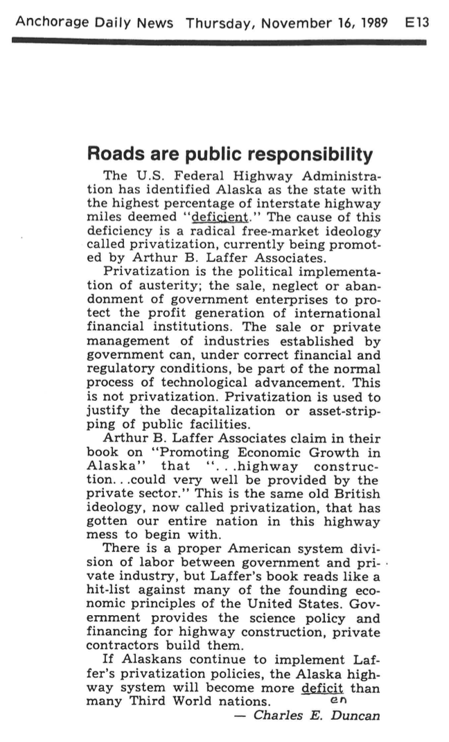 Letter to the editor, Anchorage Daily News