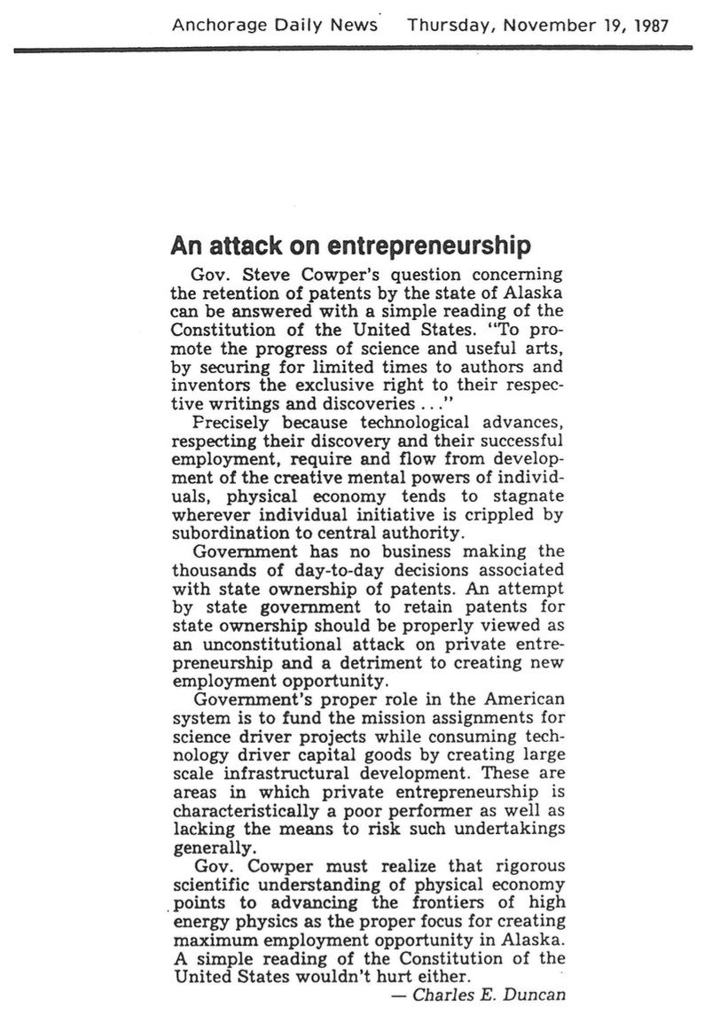 Letter to the editor, Anchorage Daily News