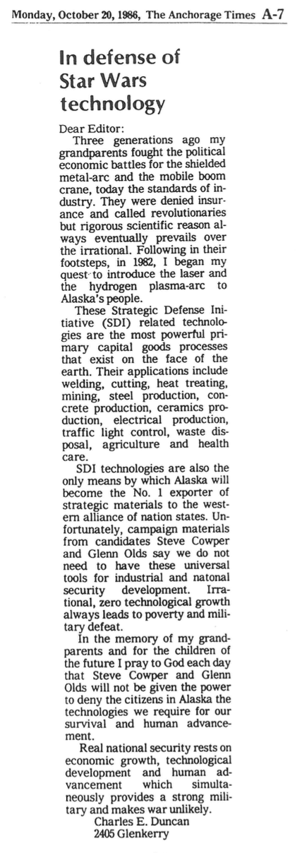 Letter to the editor, Anchorage Times