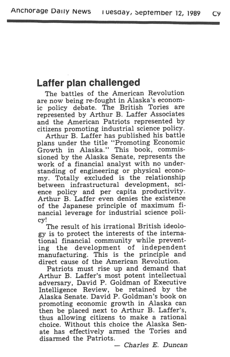 Letter to the editor, Anchorage Daily News